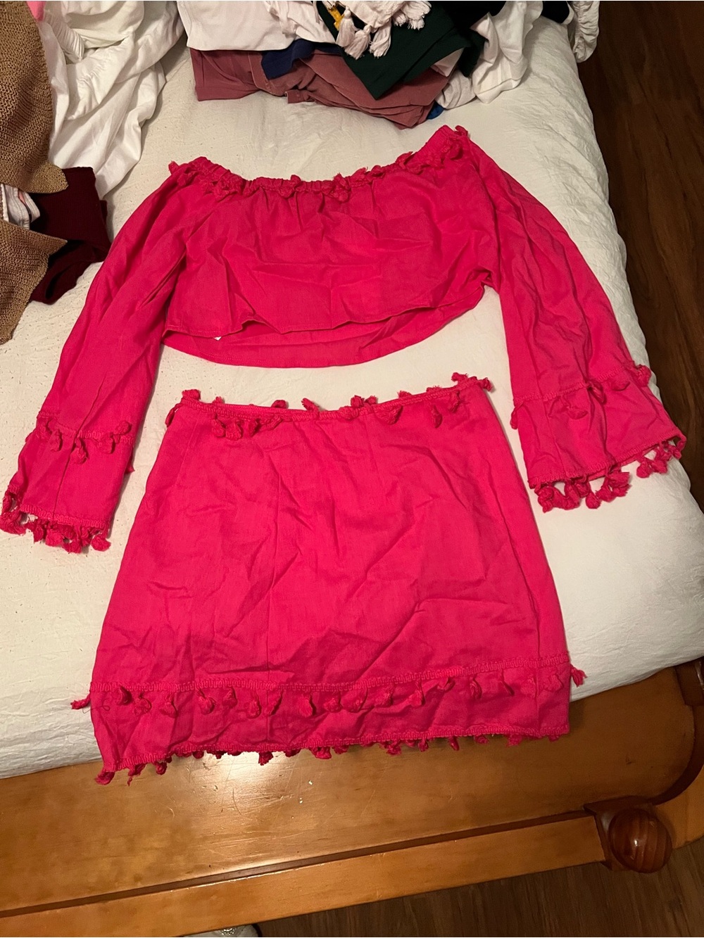SHEIN Hot Pink Off-Shoulder Pom-Pom Two-Piece Skirt Set
